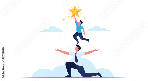 Team member standing on the shoulders of another professional to reach a bright yellow star in the cloudy sky.