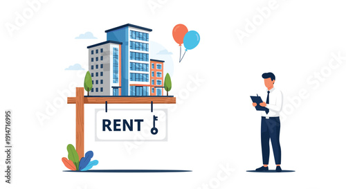 Real estate agent standing with a clipboard next to a large rent sign and a modern apartment building icon.