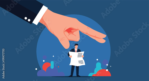 Giant hand pointing down at a small businessman reading a newspaper amidst colorful abstract shapes on blue background.