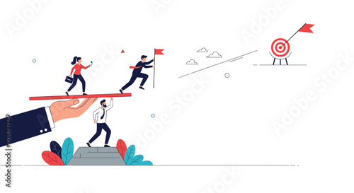 Giant hand supporting a red plank for two business people running towards a target on a hill for team success.