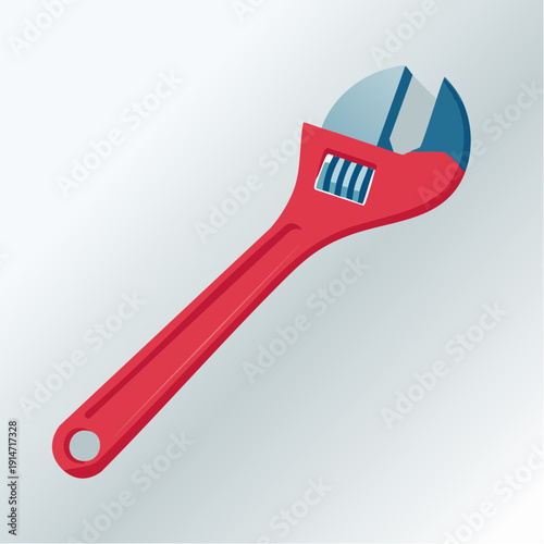 A red adjustable wrench with a hole in the handle on a plain background, in a flat lay composition with a simple and functional mood.