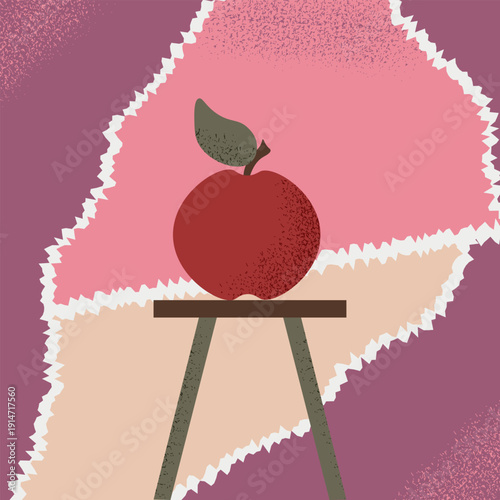 Minimal still life with red Apple and trendy grunge Noise texture. Apple on modern Torn Paper wallpaper. Perfect earthly tones poster banner card cover. EPS 10
