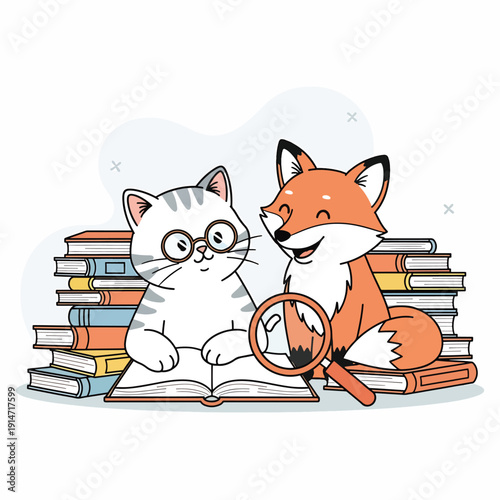 Curious Cat and Fox Reading Together