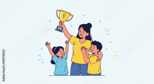 happy family celebrating with trophy.