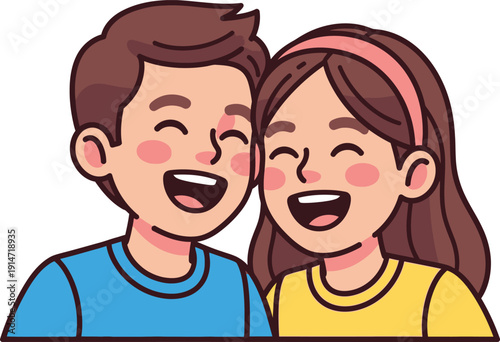 Two happy cartoon children smiling together.