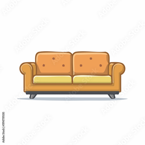 A cartoon-style illustration of an orange two-seater sofa with yellow cushions on a white background.