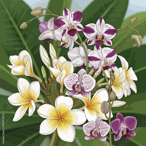 Vibrant Orchid Flowers with Green Leaves