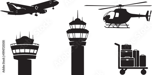 Airport vector icon set including airplane, helicopter, control tower, and luggage cart.