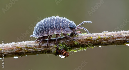Moisture-laden woodlouse navigates a damp twig, exhibiting resilience in nature's embrace