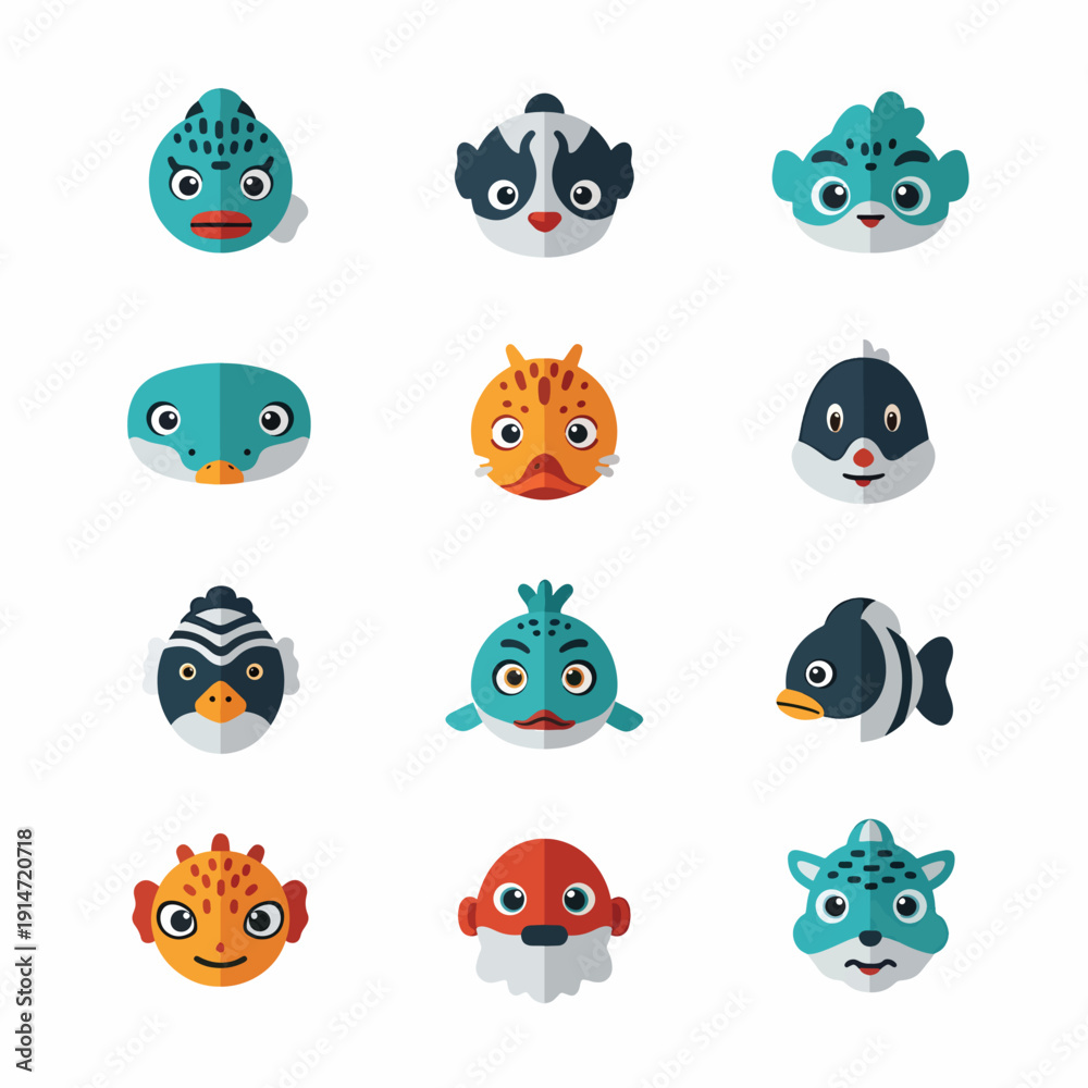 Obraz premium Set of Cartoon Fish Faces