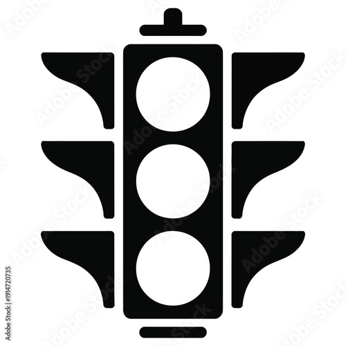Black silhouette of a three light vertical traffic signal with two side visors on each light on a transparent background vector illustration