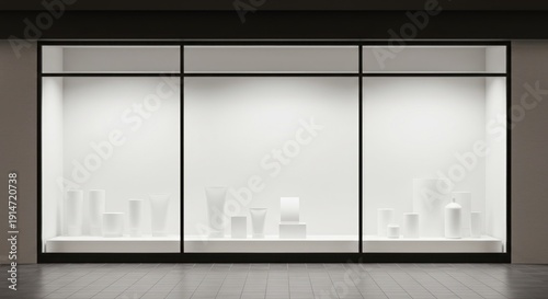 Sleek modern shop window featuring a minimalist display of abstract white objects, an ideal empty commercial space for retail product presentation and visual merchandising