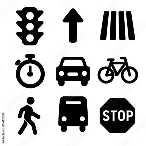 Transportation and traffic icons featuring stoplights and road signs