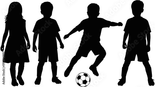 Set of children playing soccer silhouettes, group of kids football sports activity, young boys and girls exercising, black vector illustration, children, kids, soccer, football, silhouette, sports,