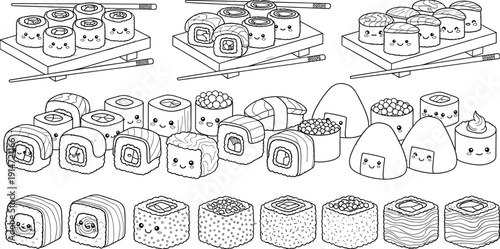 Cute kawaii sushi character collection, delicious Japanese food vector set, adorable maki and nigiri illustrations, funny seafood icons for coloring,