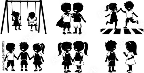 Happy kids silhouette collection, childhood friends playing together, school children character set, students friendship icons, little boy and girl vector,