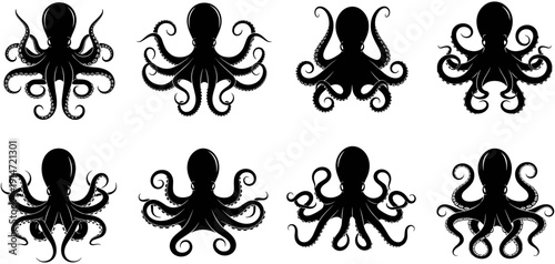 Black and white vector illustration of octopus silhouettes with curly tentacles in various symmetrical poses for marine life or seafood logos,