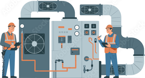 Industrial HVAC system inspection vector illustration, technicians maintaining ventilation and air conditioning equipment, engineering service infrastructure concept design