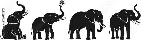 Black and white vector illustration of elephant silhouettes in various poses including sitting and standing with trunk raised for safari designs,