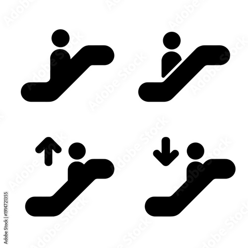 Silhouette icons of escalator usage with up and down arrows in black and white