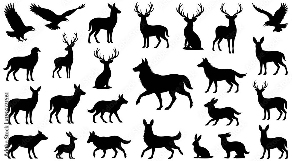 Obraz premium Animal silhouette set, wildlife illustration, deer and wolf design, rabbit and eagle icons, black and white creature art, forest animal collection