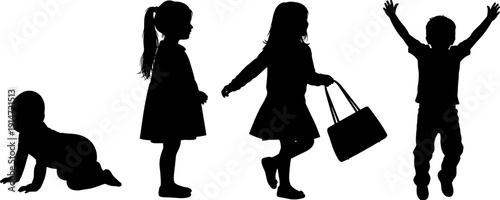Set of children silhouettes, including crawling baby, standing girl, walking girl with bag, and jumping boy, isolated on white background, vector illustration,