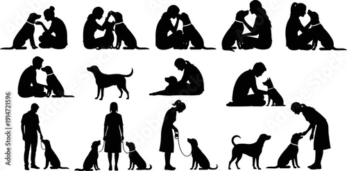 Set, of, people, with, dogs, silhouettes, collection, of, owners, and, pets, bonding, walking, training, and, playing, black, vector, illustrations,