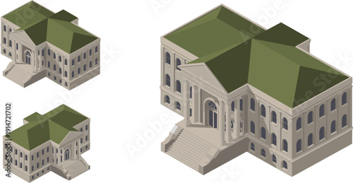 Isometric classical courthouse building vector illustration, neoclassical government architecture with columns stairs, institutional exterior, architectural visualization design asset