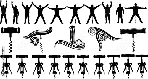 Vector silhouette of people with raised arms and various corkscrew wine bottle openers, celebration and kitchen tool collection, isolated icons set.