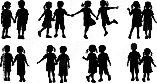 Vector silhouette of cute children holding hands, little boys and girls playing together, diverse kids group, childhood friendship and happiness concept.