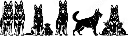 German Shepherd dog family vector silhouette, adult dogs and puppies, working dog breed collection, isolated black and white pet illustrations, animal set.