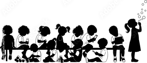 Vector silhouette of diverse group of children sitting on a bench, playing with gadgets, reading books, and blowing bubbles, childhood fun.