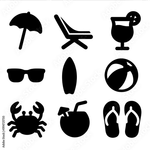 Silhouette icons of summer: drinks, beach, surfboard, and more