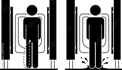 Urinal splash back concept, silhouette person using restroom, hygiene problem illustration, bathroom cleaning issues, splashing water effect, sanitation prevention, male toilet icons.