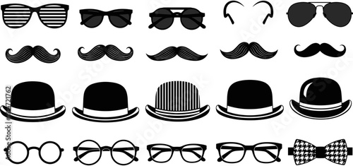 Gentleman accessories collection, vintage mustache silhouettes, retro bowler hats, stylish sunglasses, classic eyeglasses, bowtie icon, hipster fashion elements, barber shop design.