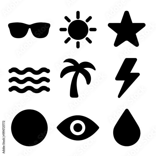 Minimalistic black icons: summer, nature, and weather symbols collection