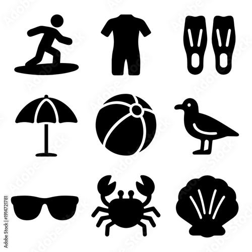 Beach icons collection: surfing, fun, and nature in silhouette design