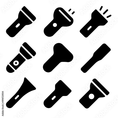 Various flashlight silhouettes on dark background for versatile designs