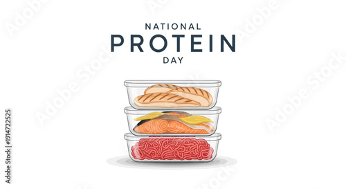 Illustration for National Protein Day in the USA, highlighting protein-rich foods like lean meat, seafood, and poultry for muscle growth, repair, and immunity.