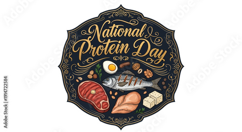 National Protein Day logo with icons of lean meat, seafood, eggs, nuts, and grains for muscle growth and wellness.