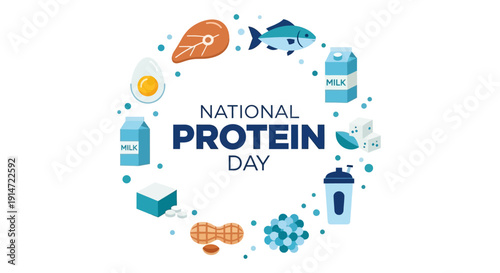 National Protein Day USA icon with various protein-rich food illustrations like seafood, nuts, eggs, and dairy products around a logo.