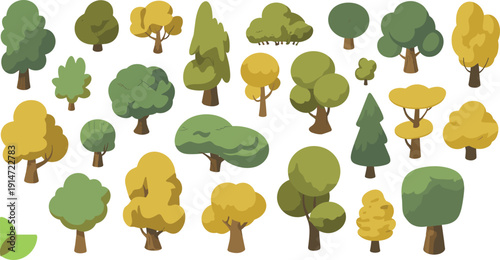 Stylized cartoon forest tree collection vector illustration, green yellow nature icons, flat design landscaping elements isolated se