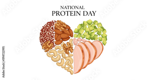 Illustration of various high-protein foods forming a heart for National Protein Day in the USA, including lean meat, seafood, nuts, beans, eggs, and dairy products for muscle growth,