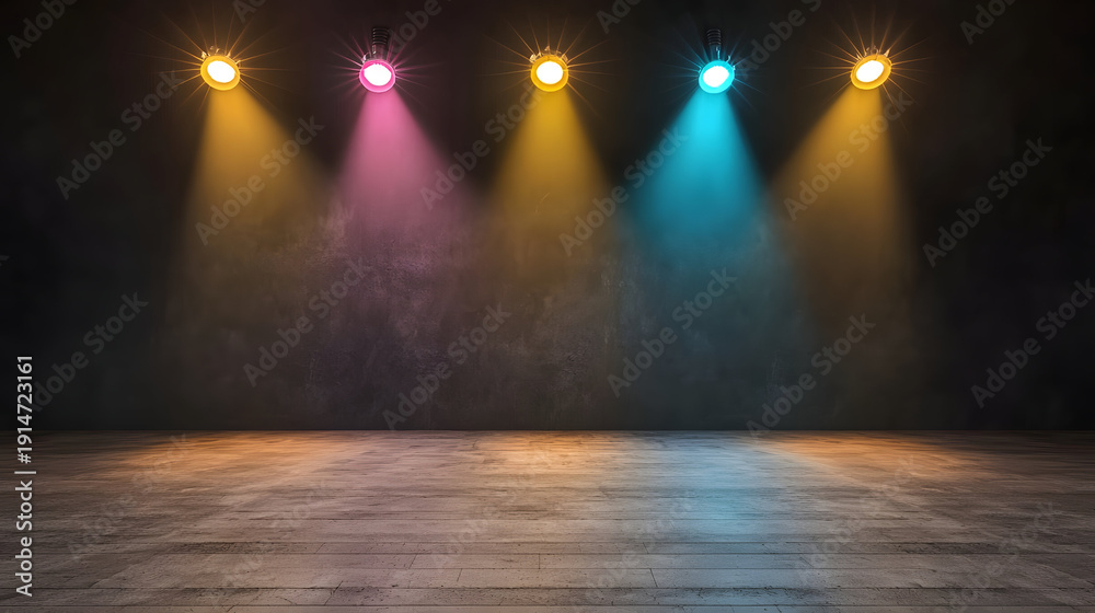 Obraz premium Bright stage lights illuminate dark background, creating vibrant atmosphere for performances 