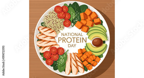National Protein Day plate with various protein-rich foods including lean meat, seafood, eggs, nuts, beans, lentils, grains, and dairy products.