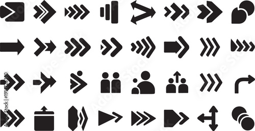 Collection of black directional arrows and icons on white