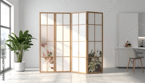 Room interior with a folding screen, large plant, and minimalist design