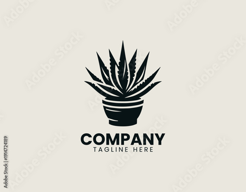 Black vector logo aloe vera succulent plant with long pointed leaves growing from a round pot1