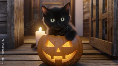 3D scene of a black kitten sitting inside a carved pumpkin on a rustic wooden porch, warm ca