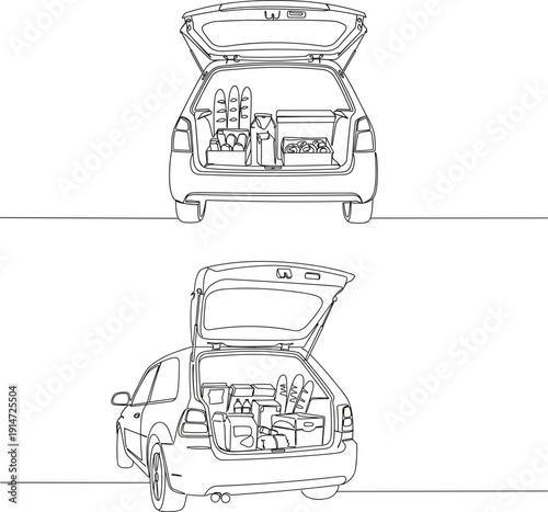 Line drawing of a car trunk filled with food and supplies, viewed from rear and side angles, isolated on transparent background